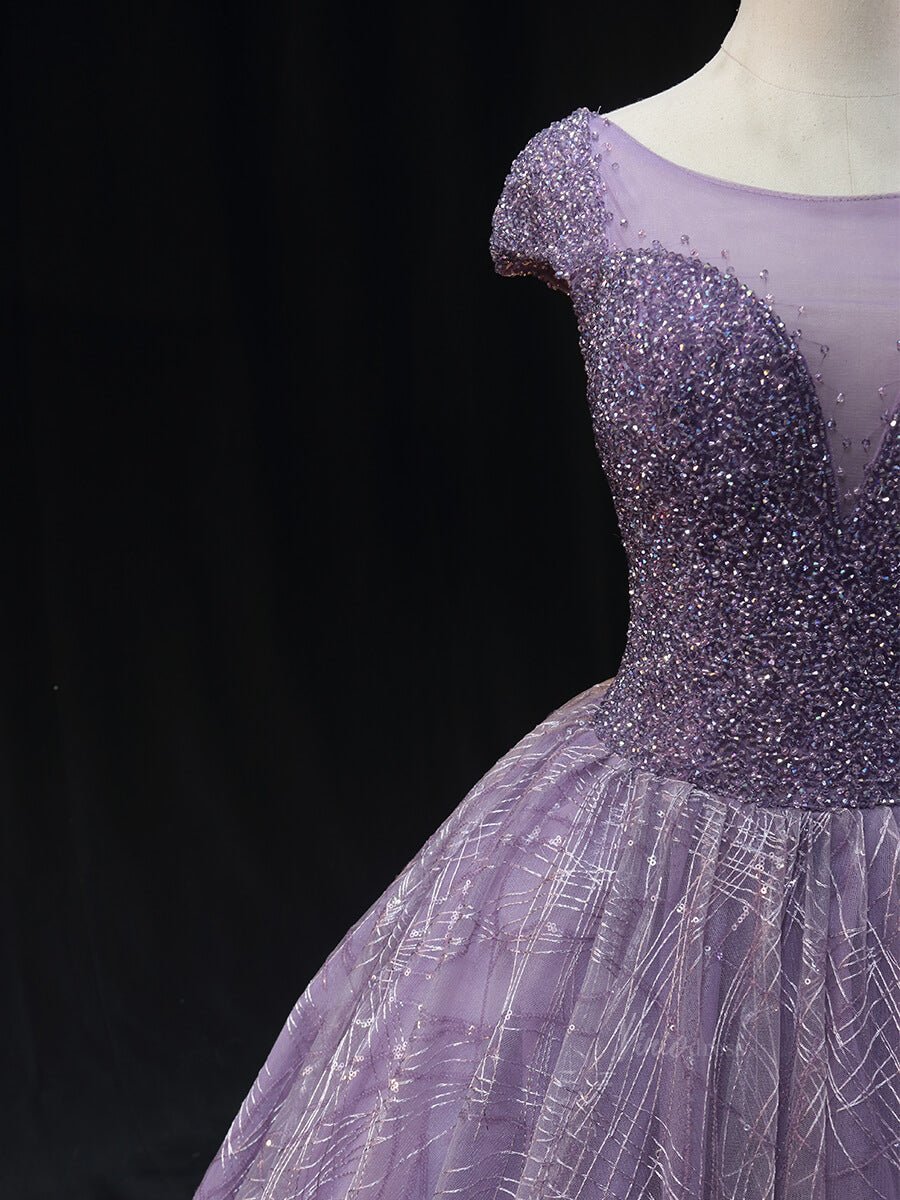 Dark Blue Sparkly Lace Prom Dresses with Cap Sleeve, Beaded Bodice, Boat Neck, Quinceanera Dresses SU009-prom dresses 2025 -Viniodress-Blue-Custom Size-