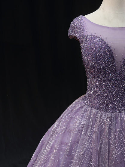 Dark Blue Sparkly Lace Prom Dresses with Cap Sleeve, Beaded Bodice, Boat Neck, Quinceanera Dresses SU009-prom dresses 2025 -Viniodress-Blue-Custom Size-