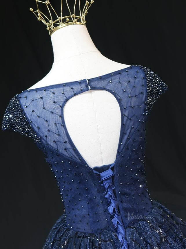 Dark Blue Sparkly Lace Prom Dresses with Cap Sleeve, Beaded Bodice, Boat Neck, Quinceanera Dresses SU009-prom dresses 2025 -Viniodress-Blue-Custom Size-