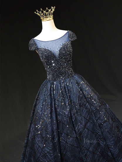 Dark Blue Sparkly Lace Prom Dresses with Cap Sleeve, Beaded Bodice, Boat Neck, Quinceanera Dresses SU009-prom dresses 2025 -Viniodress-Blue-Custom Size-
