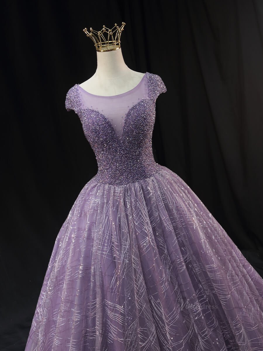 Dark Blue Sparkly Lace Prom Dresses with Cap Sleeve, Beaded Bodice, Boat Neck, Quinceanera Dresses SU009-prom dresses 2025 -Viniodress-Blue-Custom Size-