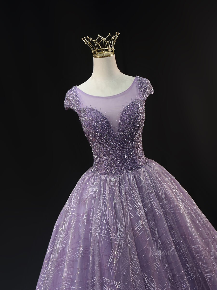 Dark Blue Sparkly Lace Prom Dresses with Cap Sleeve, Beaded Bodice, Boat Neck, Quinceanera Dresses SU009-prom dresses 2025 -Viniodress-Blue-Custom Size-