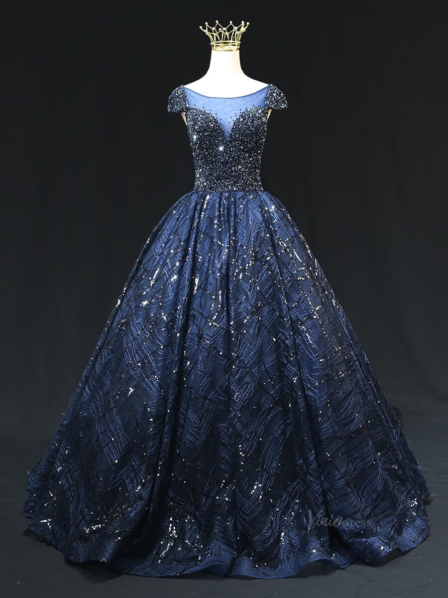 Dark Blue Sparkly Lace Prom Dresses with Cap Sleeve, Beaded Bodice, Boat Neck, Quinceanera Dresses SU009-prom dresses 2025 -Viniodress-Blue-Custom Size-