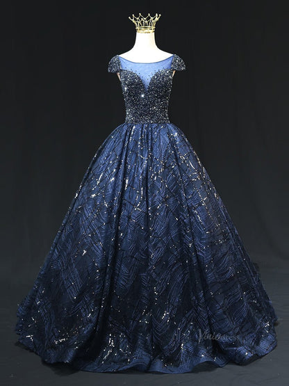 Dark Blue Sparkly Lace Prom Dresses with Cap Sleeve, Beaded Bodice, Boat Neck, Quinceanera Dresses SU009-prom dresses 2025 -Viniodress-Blue-Custom Size-