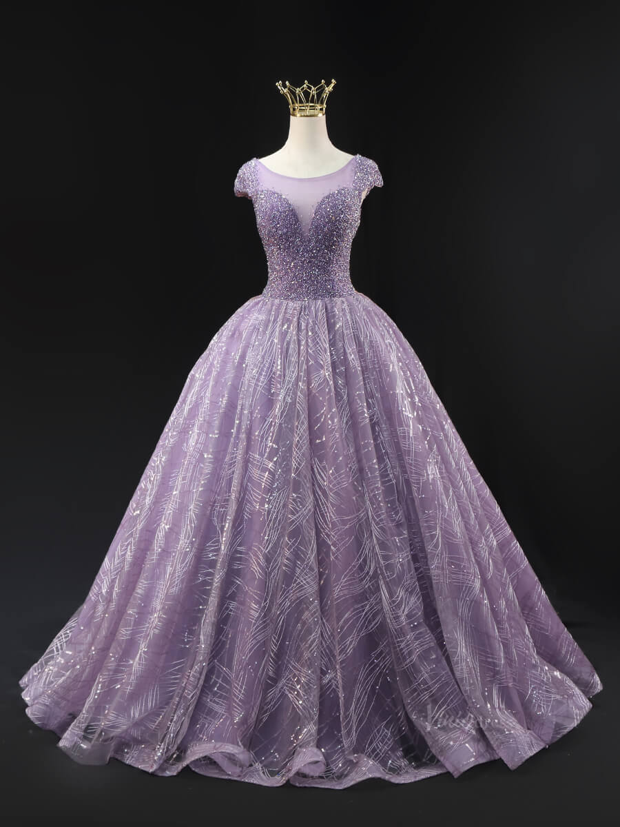 Dark Blue Sparkly Lace Prom Dresses with Cap Sleeve, Beaded Bodice, Boat Neck, Quinceanera Dresses SU009-prom dresses 2025 -Viniodress-Lavender-Custom Size-