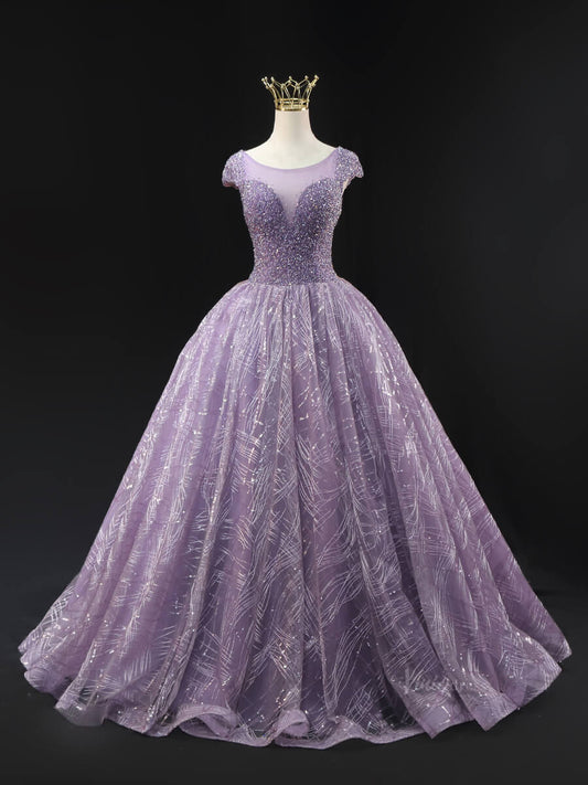 Dark Blue Sparkly Lace Prom Dresses with Cap Sleeve, Beaded Bodice, Boat Neck, Quinceanera Dresses SU009-prom dresses 2025 -Viniodress-Lavender-Custom Size-
