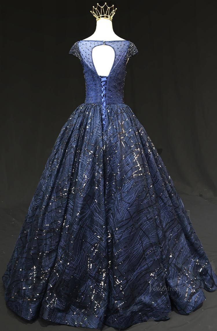 Dark Blue Sparkly Lace Prom Dresses with Cap Sleeve, Beaded Bodice, Boat Neck, Quinceanera Dresses SU009 - Viniodressprom dressesBlueCustom Size - Formal Dresses - Ball Gowns