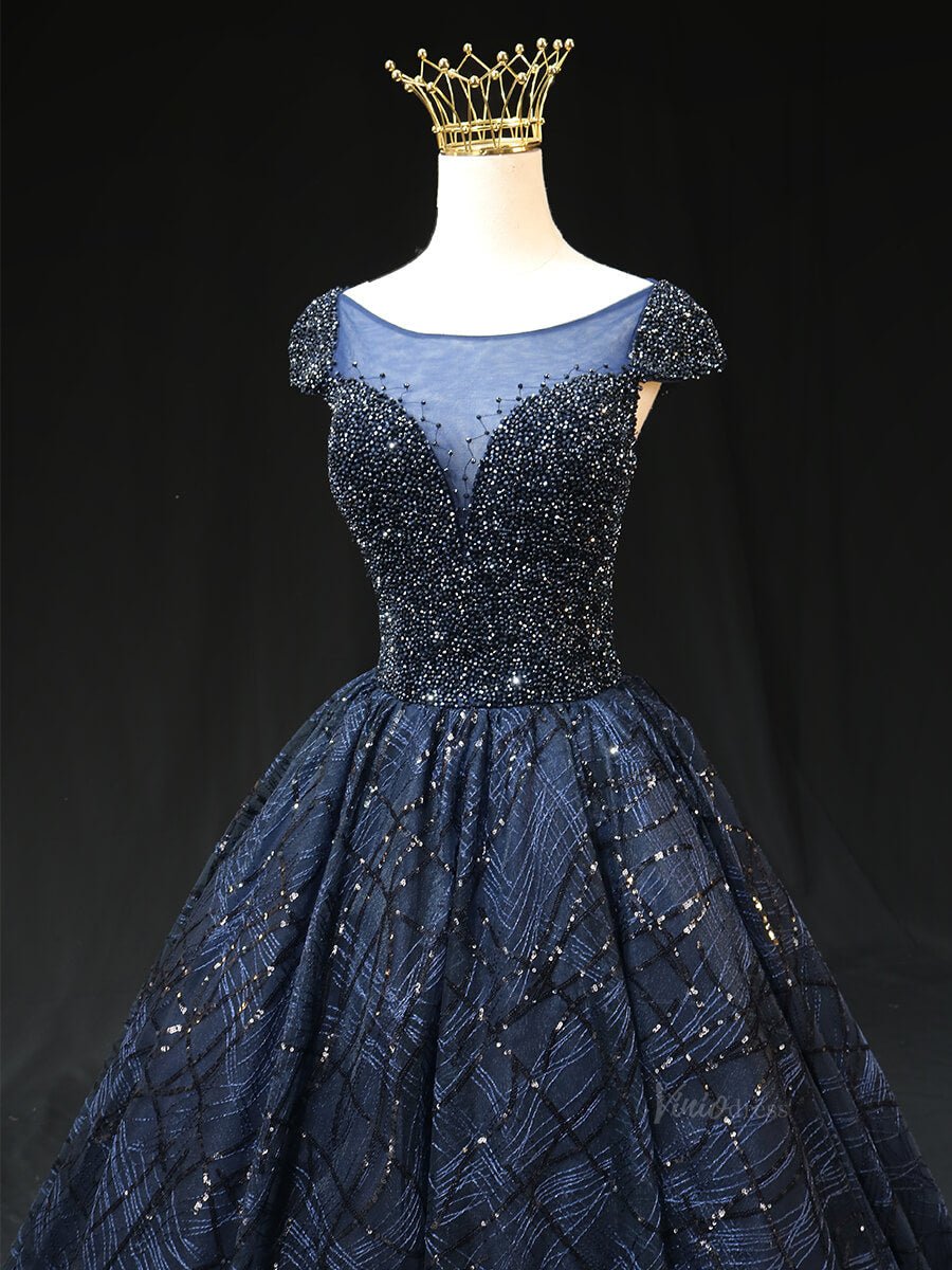 Dark Blue Sparkly Lace Prom Dresses with Cap Sleeve, Beaded Bodice, Boat Neck, Quinceanera Dresses SU009 - Viniodressprom dressesBlueCustom Size - Formal Dresses - Ball Gowns