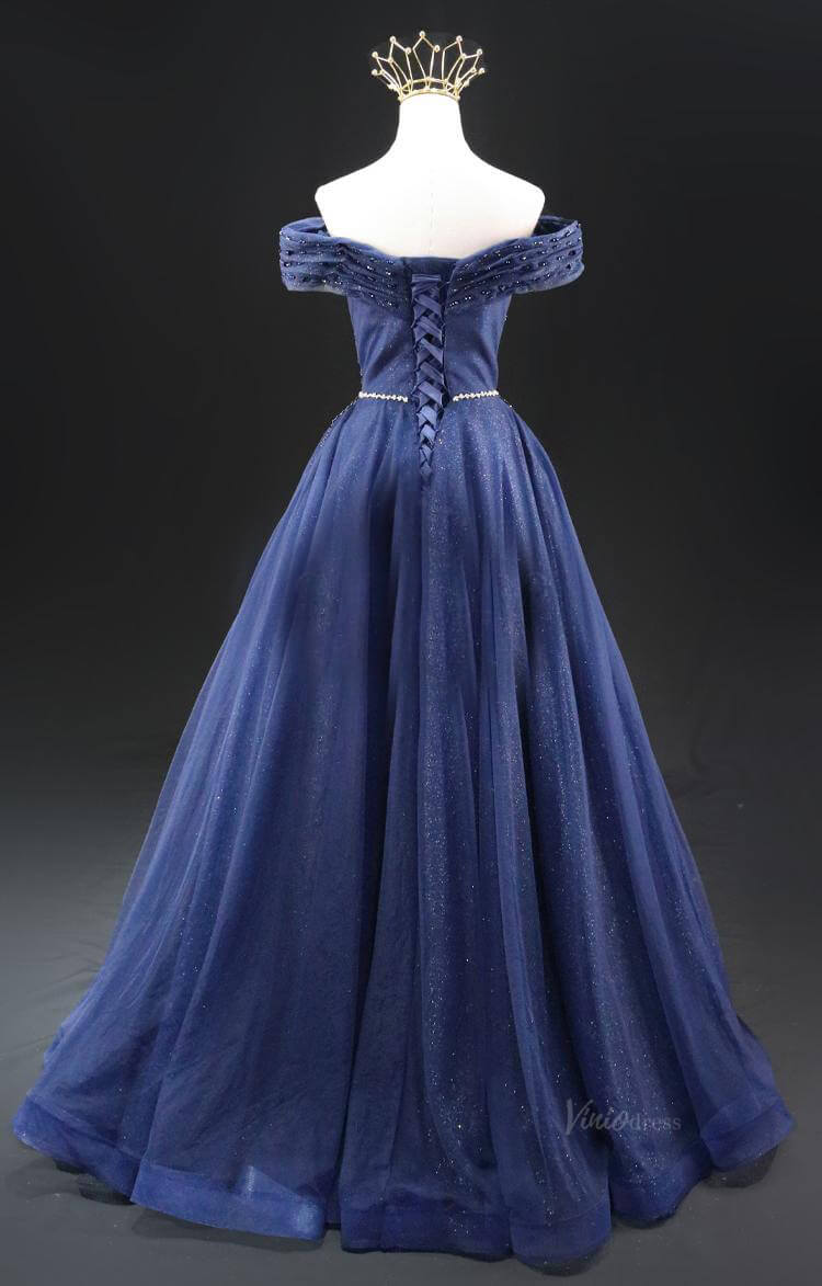 Dark Blue Sparkly Tulle Prom Dresses Off the Shoulder Beaded Lace Quinceanera Dresses SU005-prom dresses 2025 -Viniodress-Blue-Custom Size-
