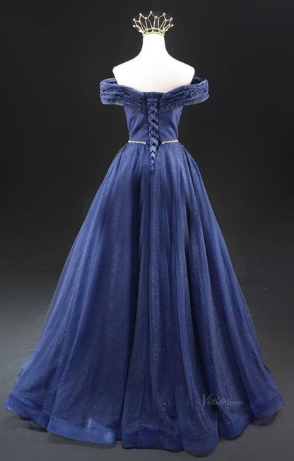 Dark Blue Sparkly Tulle Prom Dresses Off the Shoulder Beaded Lace Quinceanera Dresses SU005-prom dresses 2025 -Viniodress-Blue-Custom Size-