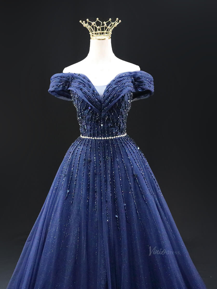 Dark Blue Sparkly Tulle Prom Dresses Off the Shoulder Beaded Lace Quinceanera Dresses SU005-prom dresses 2025 -Viniodress-Blue-Custom Size-