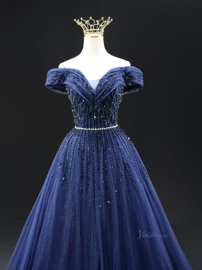 Dark Blue Sparkly Tulle Prom Dresses Off the Shoulder Beaded Lace Quinceanera Dresses SU005-prom dresses 2025 -Viniodress-Blue-Custom Size-