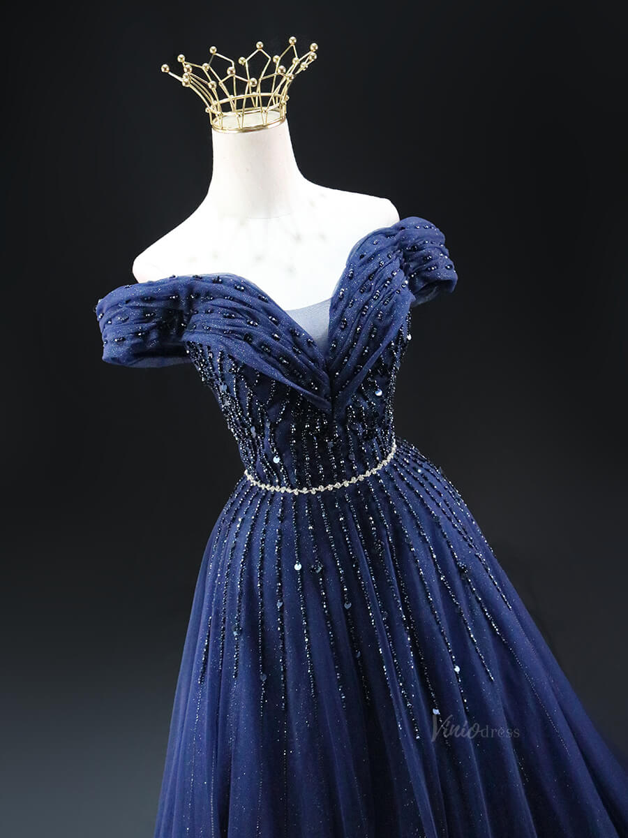 Dark Blue Sparkly Tulle Prom Dresses Off the Shoulder Beaded Lace Quinceanera Dresses SU005-prom dresses 2025 -Viniodress-Blue-Custom Size-