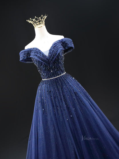 Dark Blue Sparkly Tulle Prom Dresses Off the Shoulder Beaded Lace Quinceanera Dresses SU005-prom dresses 2025 -Viniodress-Blue-Custom Size-