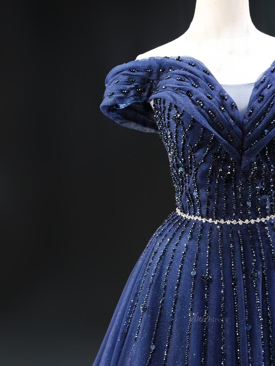 Dark Blue Sparkly Tulle Prom Dresses Off the Shoulder Beaded Lace Quinceanera Dresses SU005-prom dresses 2025 -Viniodress-Blue-Custom Size-