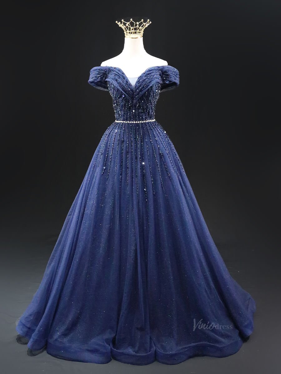 Dark Blue Sparkly Tulle Prom Dresses Off the Shoulder Beaded Lace Quinceanera Dresses SU005-prom dresses 2025 -Viniodress-Blue-Custom Size-