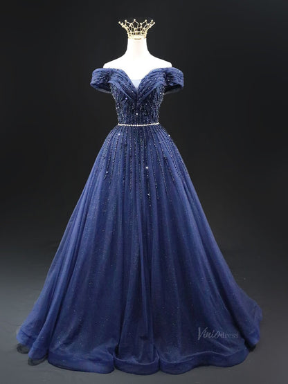 Dark Blue Sparkly Tulle Prom Dresses Off the Shoulder Beaded Lace Quinceanera Dresses SU005-prom dresses 2025 -Viniodress-Blue-Custom Size-