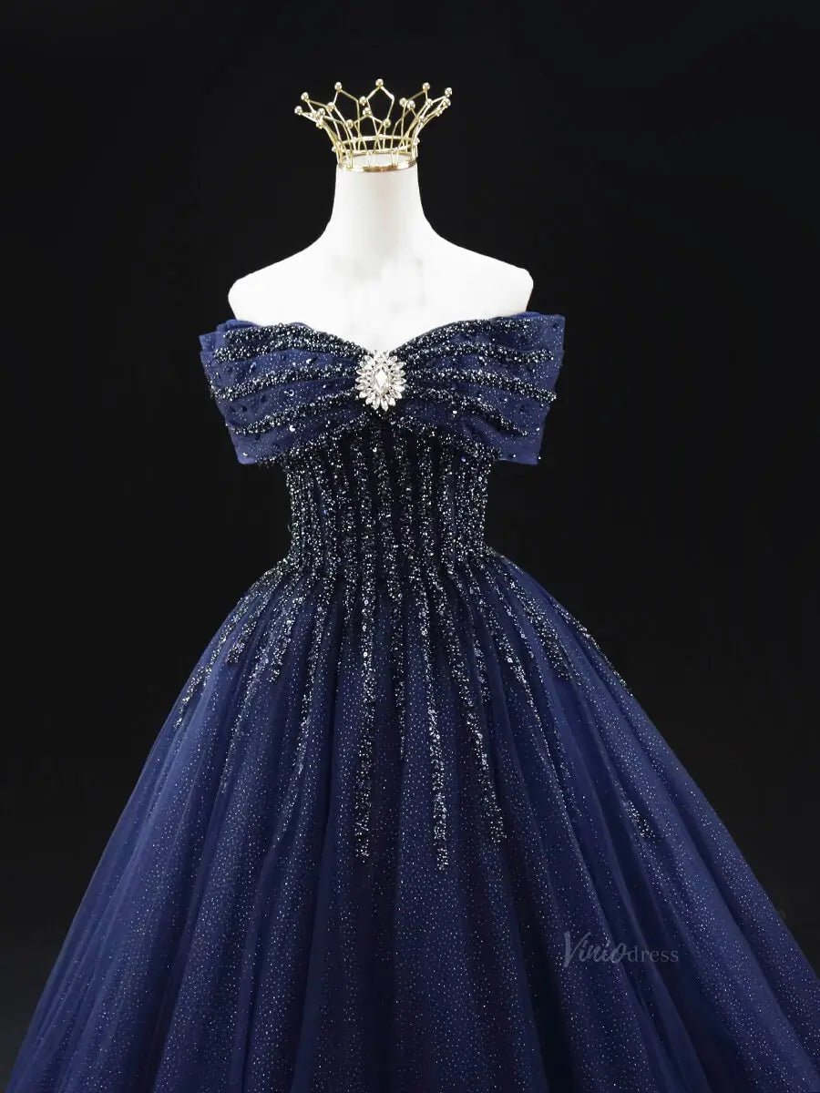 Dark Blue Sparkly Tulle Prom Dresses with Beaded Bodice, Off the Shoulder Quinceanera Dresses SU040-prom dresses 2025 -Viniodress-Blue-Custom Size-