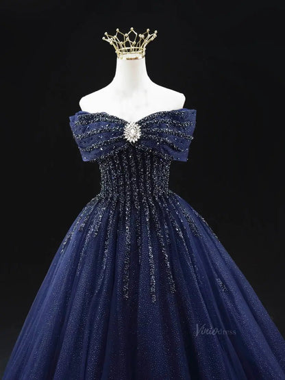 Dark Blue Sparkly Tulle Prom Dresses with Beaded Bodice, Off the Shoulder Quinceanera Dresses SU040-prom dresses 2025 -Viniodress-Blue-Custom Size-
