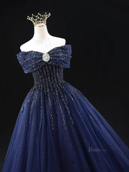 Dark Blue Sparkly Tulle Prom Dresses with Beaded Bodice, Off the Shoulder Quinceanera Dresses SU040-prom dresses 2025 -Viniodress-Blue-Custom Size-