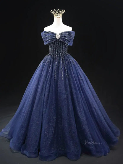 Dark Blue Sparkly Tulle Prom Dresses with Beaded Bodice, Off the Shoulder Quinceanera Dresses SU040-prom dresses 2025 -Viniodress-Blue-Custom Size-