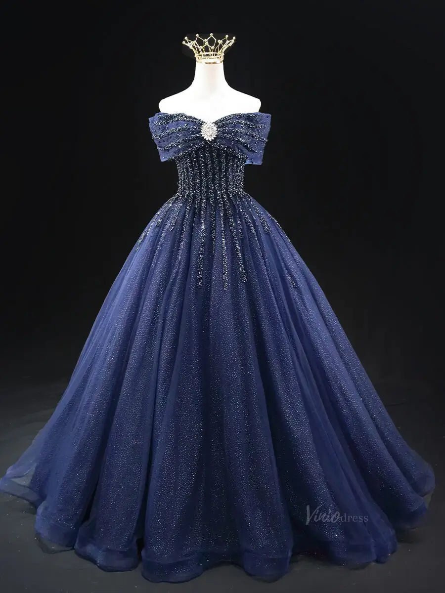 Dark Blue Sparkly Tulle Prom Dresses with Beaded Bodice, Off the Shoulder Quinceanera Dresses SU040 - Viniodressprom dressesBlueCustom Size - Formal Dresses - Ball Gowns