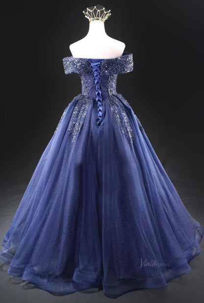 Dark Blue Sparkly Tulle Prom Dresses with Beaded Lace, Off the Shoulder Quinceanera Dresses SU004-prom dresses 2025 -Viniodress-Blue-Custom Size-