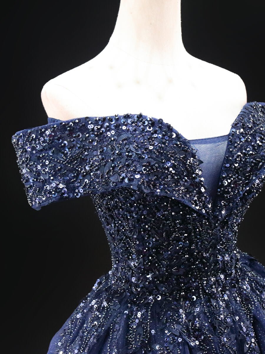 Dark Blue Sparkly Tulle Prom Dresses with Beaded Lace, Off the Shoulder Quinceanera Dresses SU004-prom dresses 2025 -Viniodress-Blue-Custom Size-