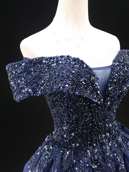 Dark Blue Sparkly Tulle Prom Dresses with Beaded Lace, Off the Shoulder Quinceanera Dresses SU004-prom dresses 2025 -Viniodress-Blue-Custom Size-