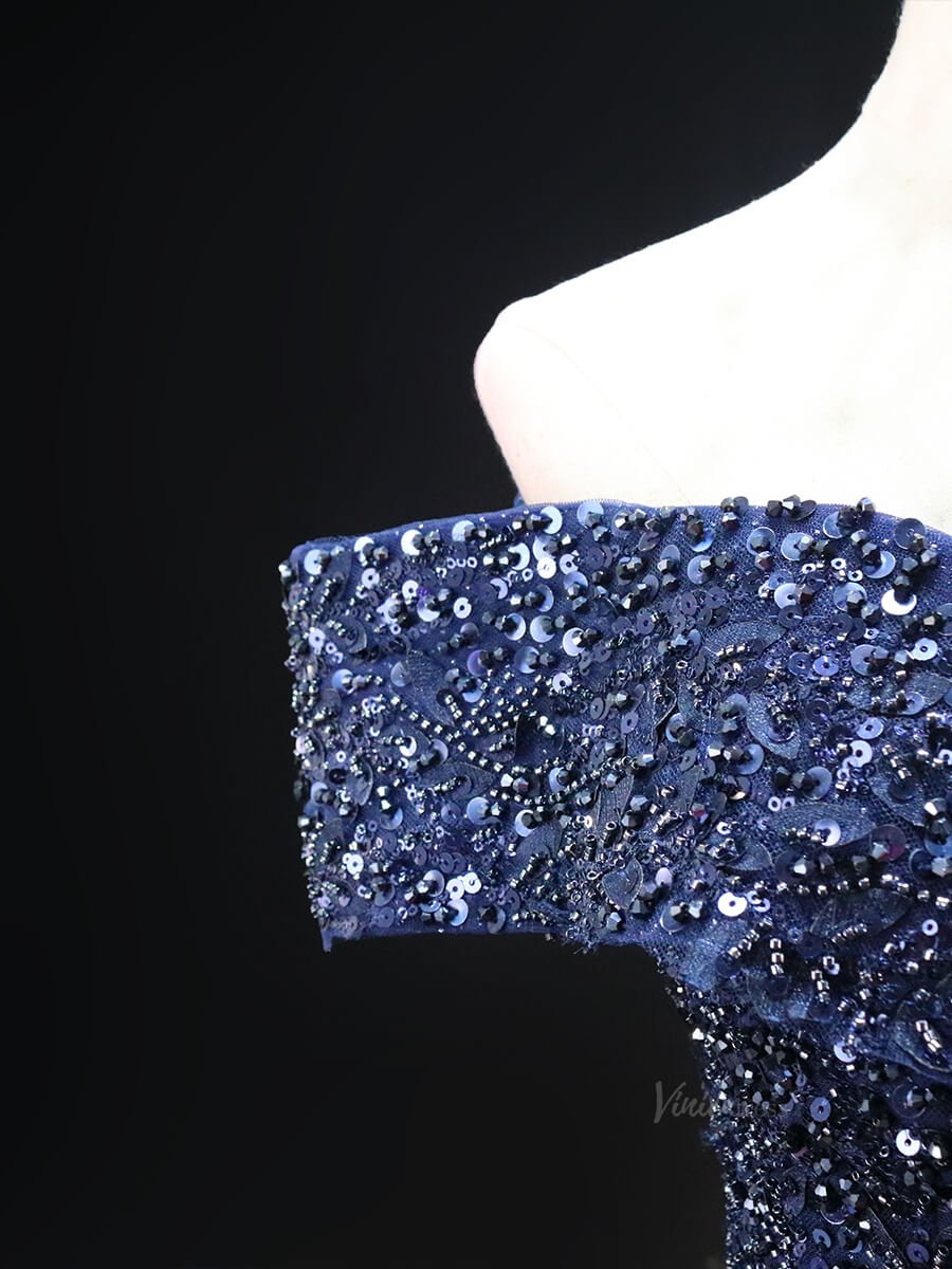 Dark Blue Sparkly Tulle Prom Dresses with Beaded Lace, Off the Shoulder Quinceanera Dresses SU004-prom dresses 2025 -Viniodress-Blue-Custom Size-