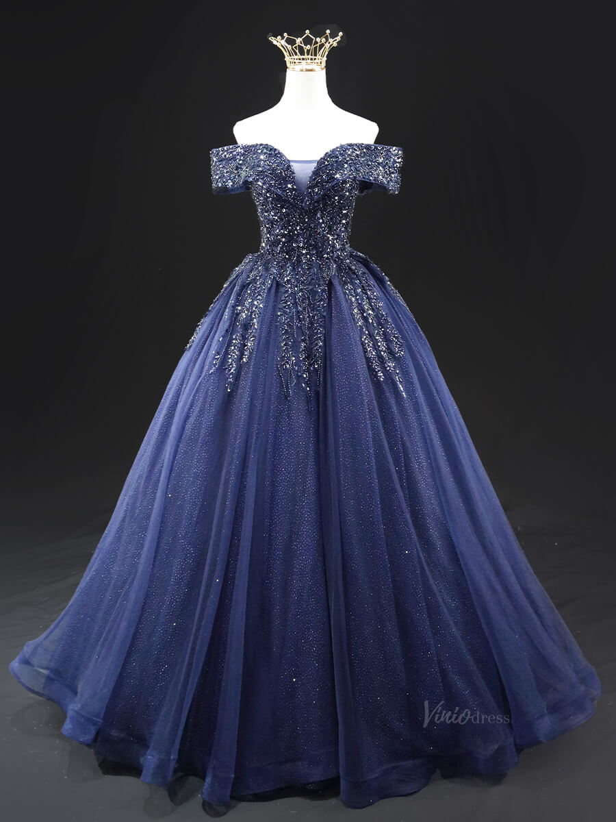 Dark Blue Sparkly Tulle Prom Dresses with Beaded Lace, Off the Shoulder Quinceanera Dresses SU004-prom dresses 2025 -Viniodress-Blue-Custom Size-