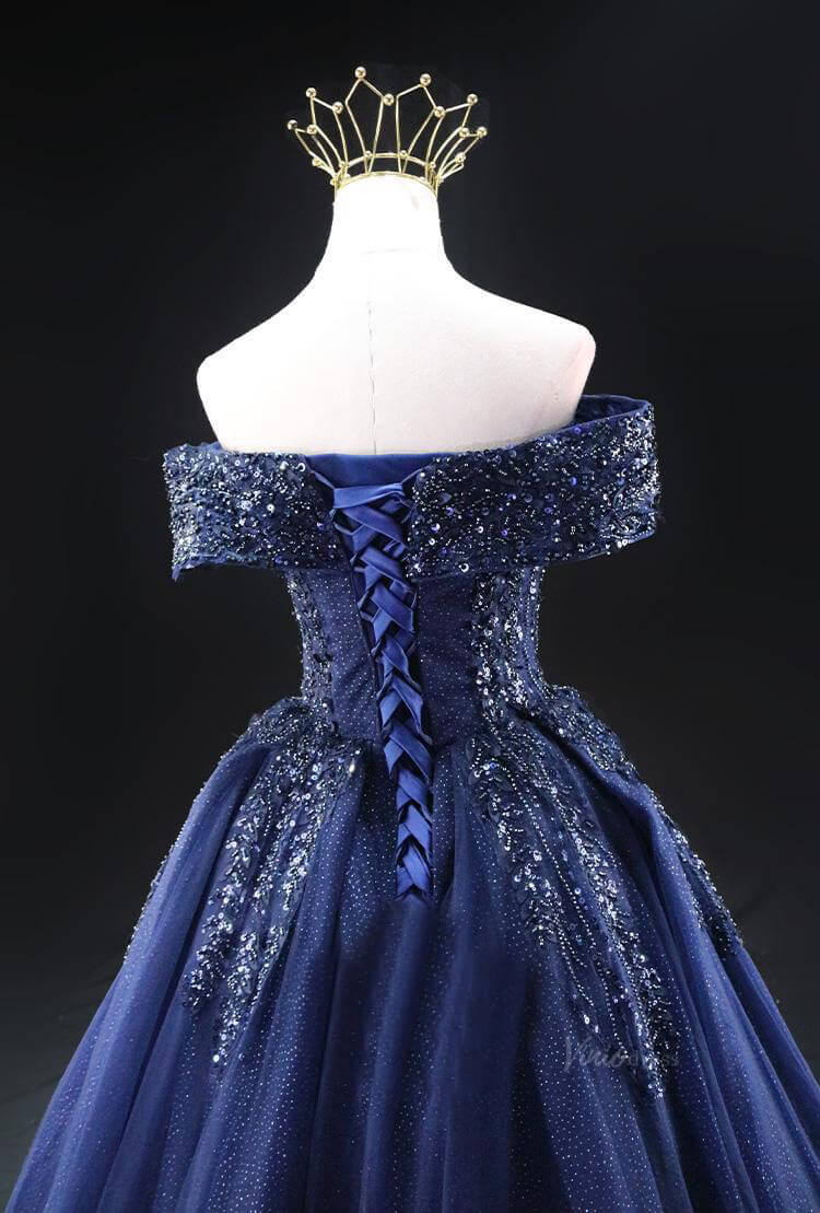 Dark Blue Sparkly Tulle Prom Dresses with Beaded Lace, Off the Shoulder Quinceanera Dresses SU004 - Viniodressprom dressesBlueCustom Size - Formal Dresses - Ball Gowns