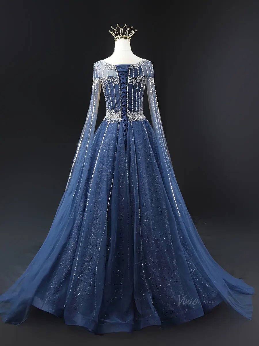 Dark Blue Sparkly Tulle Prom Dresses with Cape Sleeve, Boat Neck, Beaded Quince Dresses SU066-prom dresses 2025 -Viniodress-Blue-Custom Size-