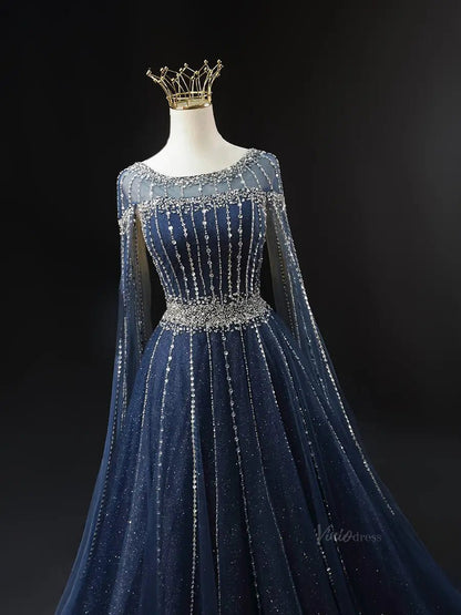Dark Blue Sparkly Tulle Prom Dresses with Cape Sleeve, Boat Neck, Beaded Quince Dresses SU066-prom dresses 2025 -Viniodress-Blue-Custom Size-