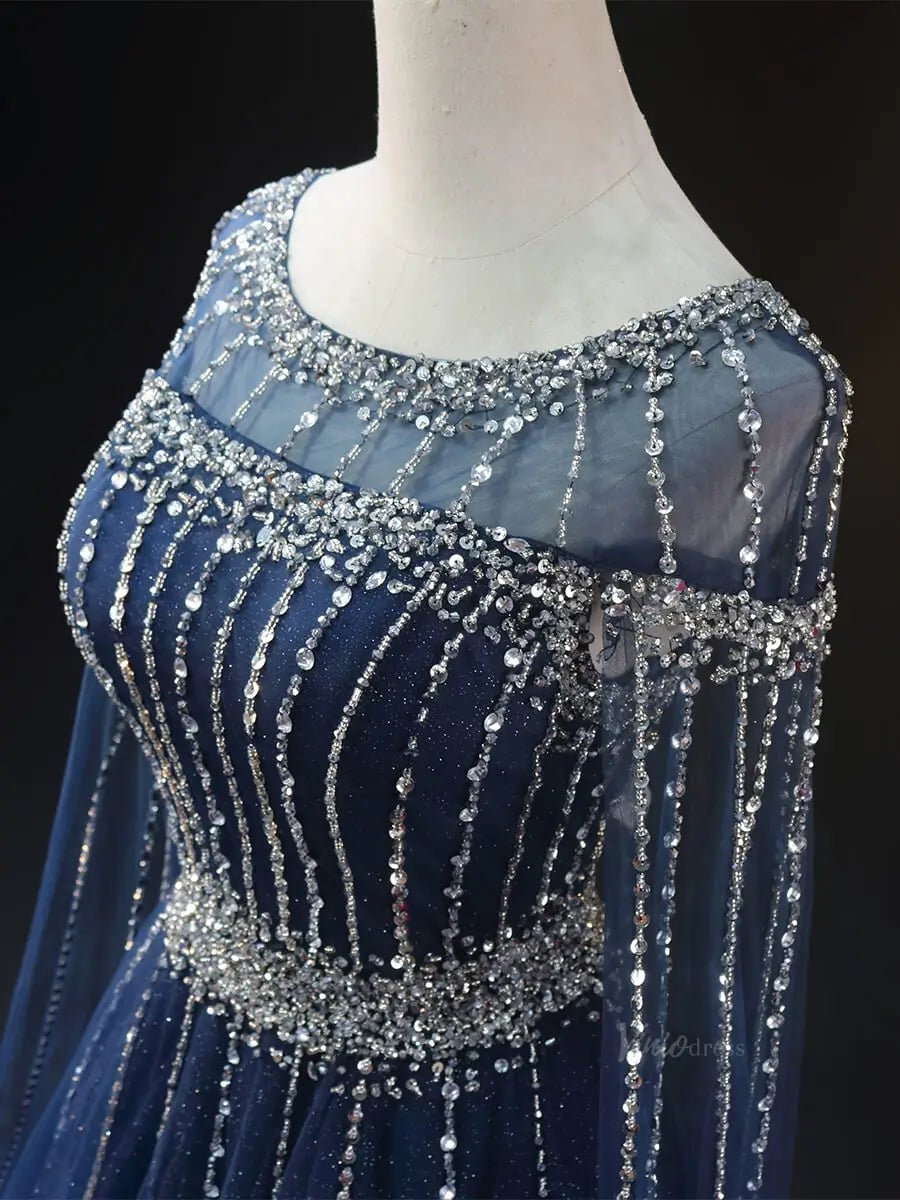 Dark Blue Sparkly Tulle Prom Dresses with Cape Sleeve, Boat Neck, Beaded Quince Dresses SU066-prom dresses 2025 -Viniodress-Blue-Custom Size-