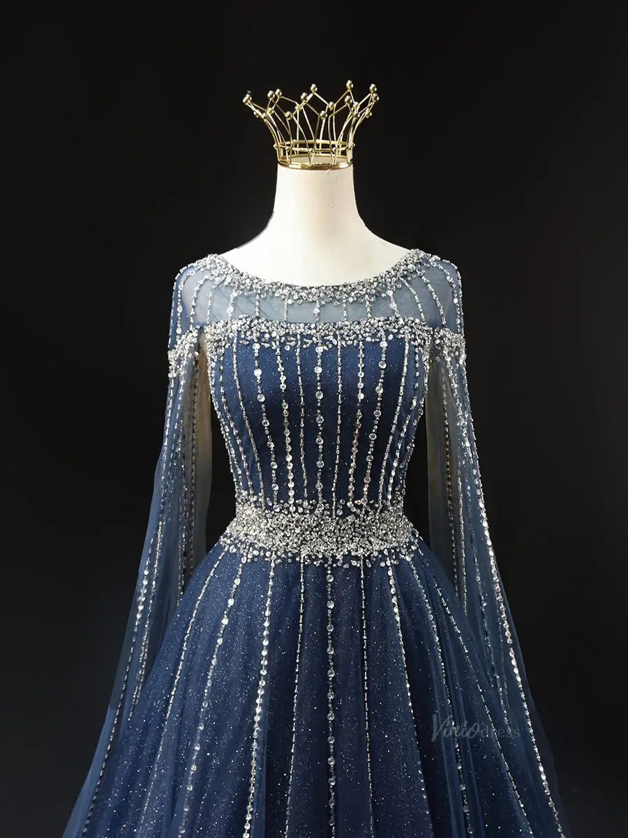 Dark Blue Sparkly Tulle Prom Dresses with Cape Sleeve, Boat Neck, Bead Viniodress Dark Blue Sparkly Tulle Prom Dresses with Cape Sleeve, Boat Neck, Bead Viniodress