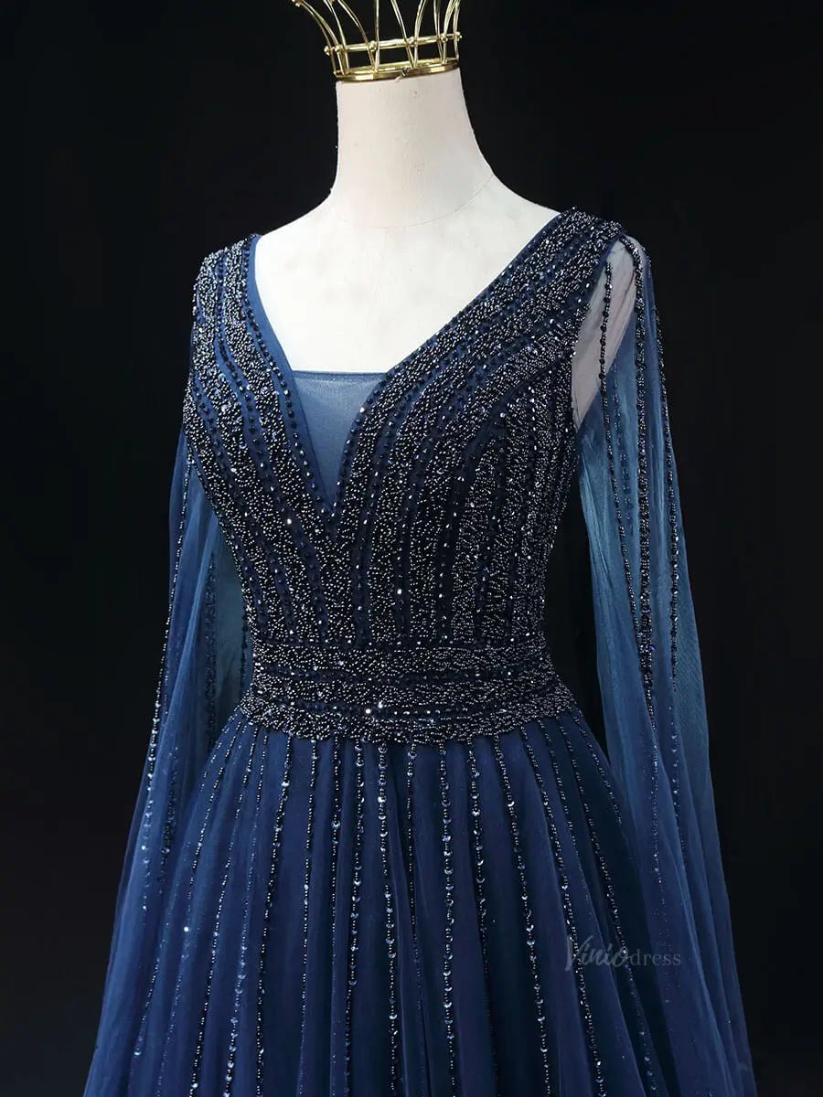 Dark Blue Sparkly Tulle Prom Dresses with Cape Sleeve, V-Neck, Beaded Pageant Dresses SU065-prom dresses 2025 -Viniodress-Blue-Custom Size-