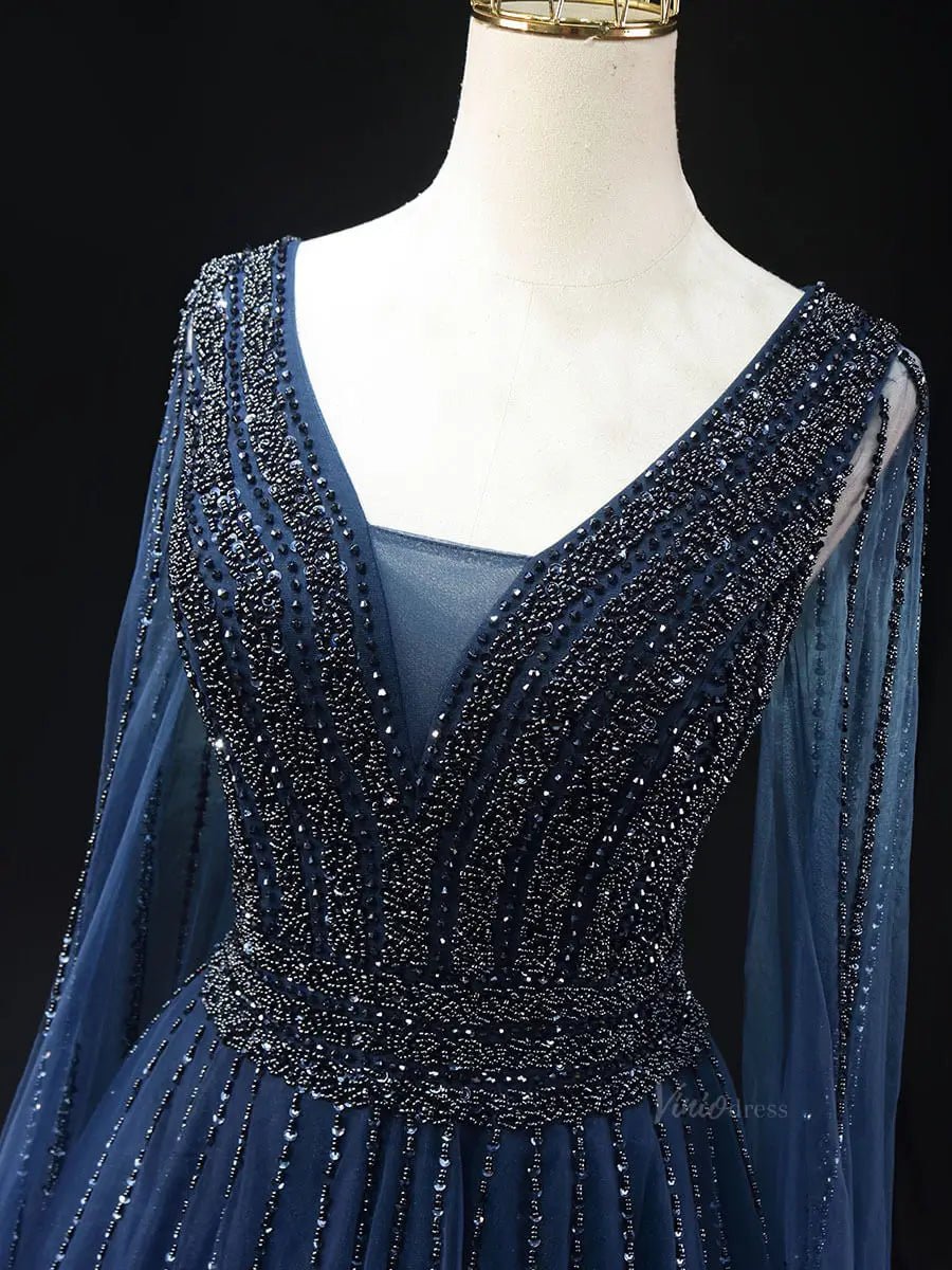 Dark Blue Sparkly Tulle Prom Dresses with Cape Sleeve, V-Neck, Beaded Pageant Dresses SU065-prom dresses 2025 -Viniodress-Blue-Custom Size-