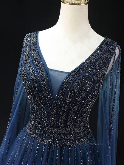 Dark Blue Sparkly Tulle Prom Dresses with Cape Sleeve, V-Neck, Beaded Pageant Dresses SU065-prom dresses 2025 -Viniodress-Blue-Custom Size-