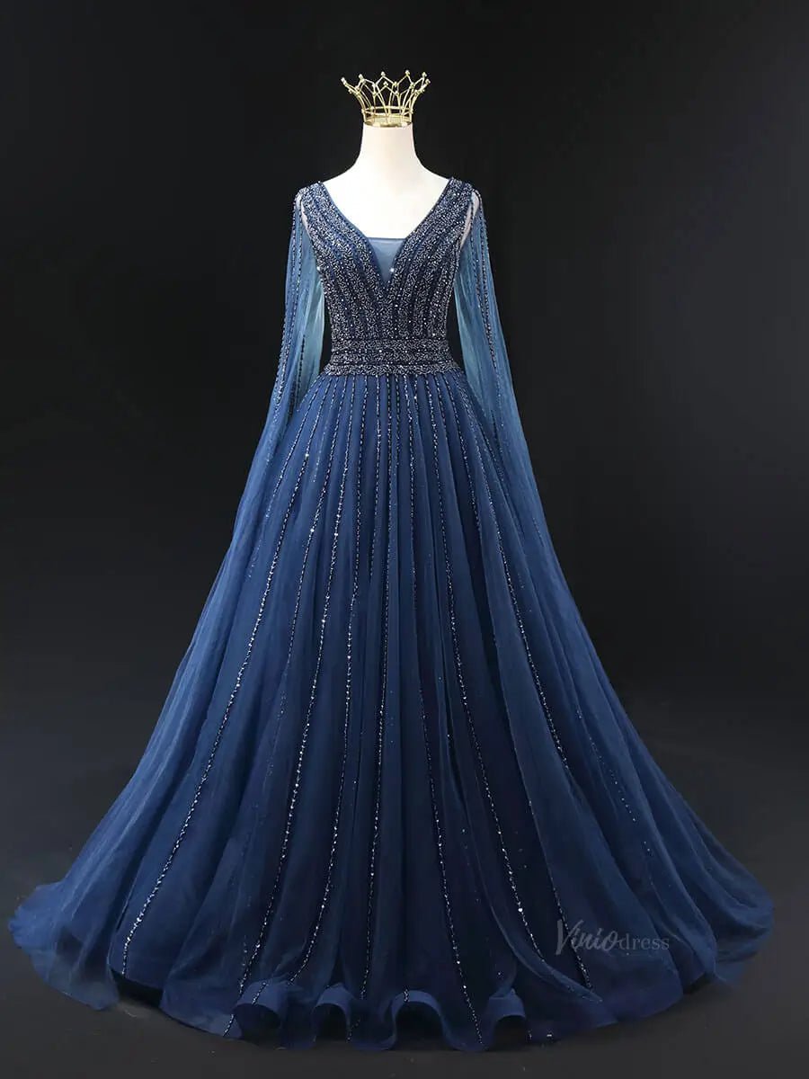 Dark Blue Sparkly Tulle Prom Dresses with Cape Sleeve, V-Neck, Beaded Pageant Dresses SU065-prom dresses 2025 -Viniodress-Blue-Custom Size-