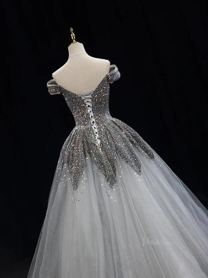 Dark Blue Sparkly Tulle Prom Dresses with Sequin Bodice, Off the Shoulder, Quinceanera Dresses SU081-prom dresses 2025 -Viniodress-Blue-Custom Size-