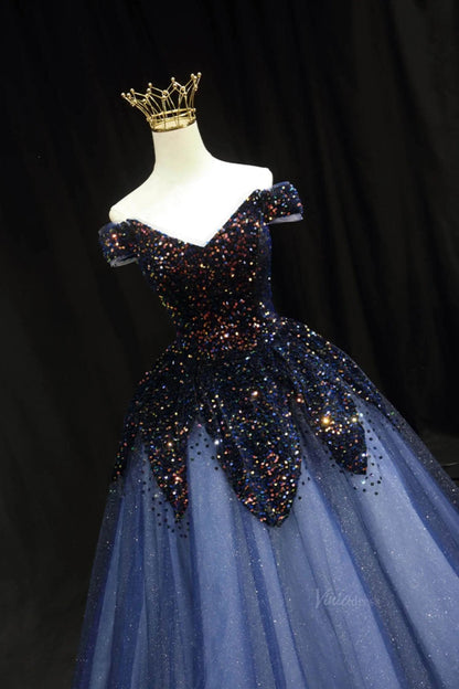 Dark Blue Sparkly Tulle Prom Dresses with Sequin Bodice, Off the Shoulder, Quinceanera Dresses SU081-prom dresses 2025 -Viniodress-Blue-Custom Size-