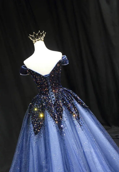 Dark Blue Sparkly Tulle Prom Dresses with Sequin Bodice, Off the Shoulder, Quinceanera Dresses SU081-prom dresses 2025 -Viniodress-Blue-Custom Size-