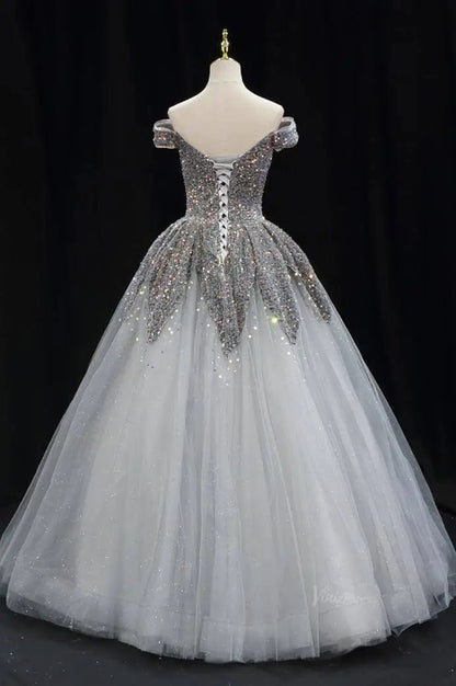 Dark Blue Sparkly Tulle Prom Dresses with Sequin Bodice, Off the Shoulder, Quinceanera Dresses SU081-prom dresses 2025 -Viniodress-Blue-Custom Size-