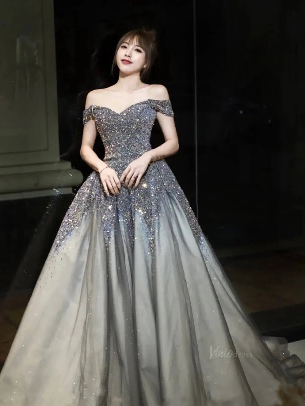 Dark Blue Sparkly Tulle Prom Dresses with Sequin Bodice, Off the Shoulder, Quinceanera Dresses SU081-prom dresses 2025 -Viniodress-Blue-Custom Size-