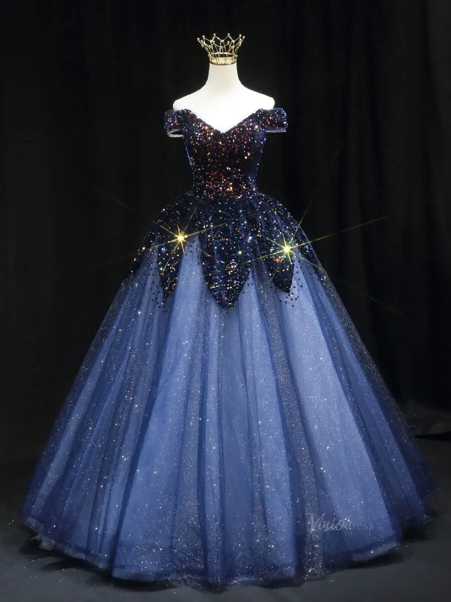 Dark Blue Sparkly Tulle Prom Dresses with Sequin Bodice, Off the Shoulder, Quinceanera Dresses SU081-prom dresses 2025 -Viniodress-Blue-Custom Size-