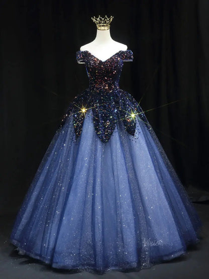 Dark Blue Sparkly Tulle Prom Dresses with Sequin Bodice, Off the Shoulder, Quinceanera Dresses SU081-prom dresses 2025 -Viniodress-Blue-Custom Size-