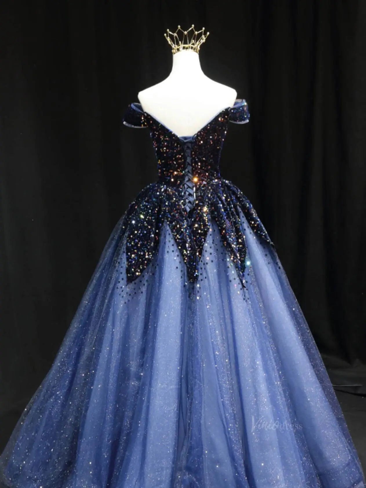 prom dresses 2025 Dark Blue Sparkly Tulle Prom Dresses with Sequin Bodice, Off the Shoulder, Quinceanera Dresses SU081-plus size wedding dresses Viniodress-Blue-Custom Size-