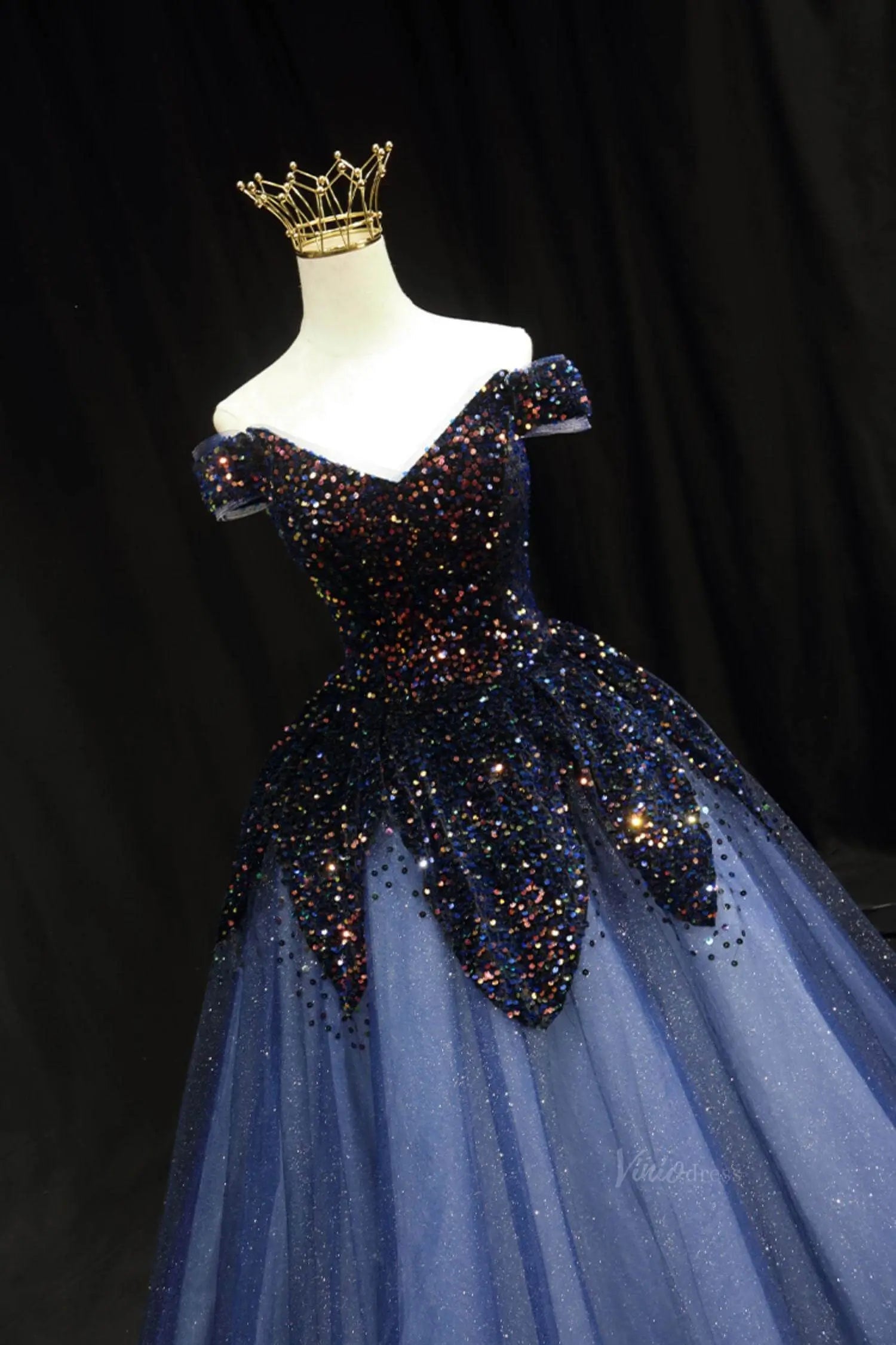 prom dresses 2025 Dark Blue Sparkly Tulle Prom Dresses with Sequin Bodice, Off the Shoulder, Quinceanera Dresses SU081-plus size wedding dresses Viniodress-Blue-Custom Size-