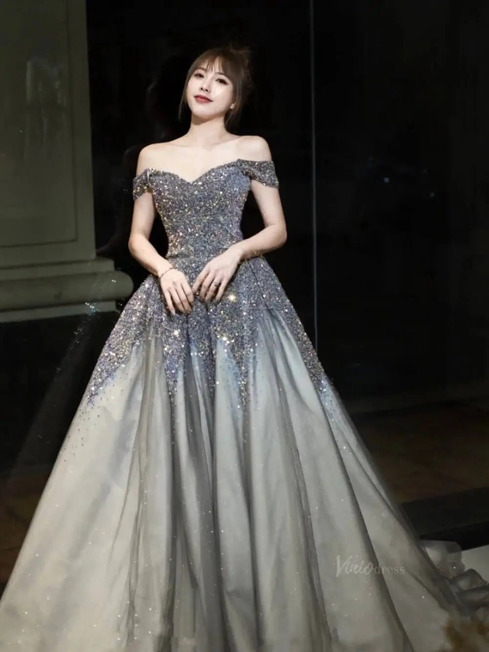 Dark Blue Sparkly Tulle Prom Dresses with Sequin Bodice, Off the Shoulder, Quinceanera Dresses SU081 - Viniodressprom dressesSilverCustom Size - Formal Dresses - Ball Gowns